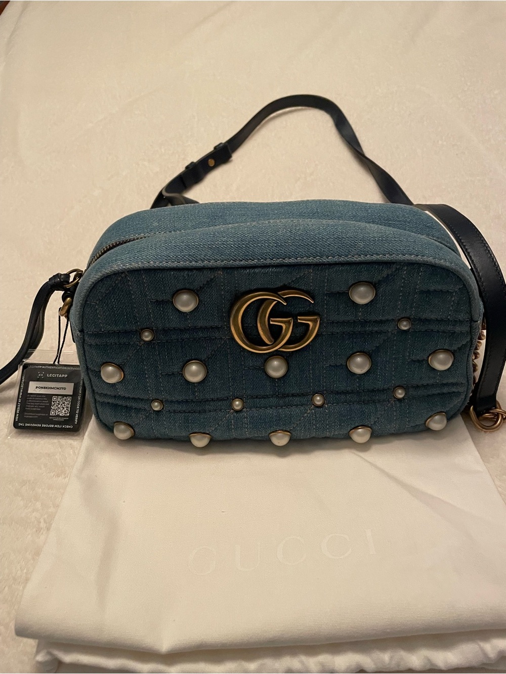 Gucci Denim Crossbody with Pearl Studs and Double G